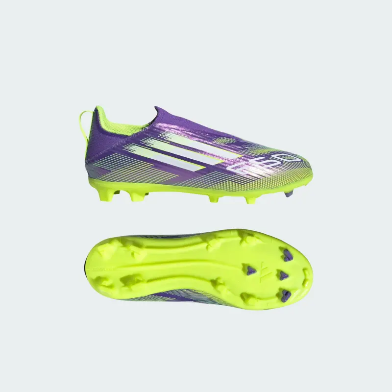 Adidas F50 League Laceless FG/MG Purple Rush Cloud White Lucid Lemon (GS) visualised in a clean main merchandising shot