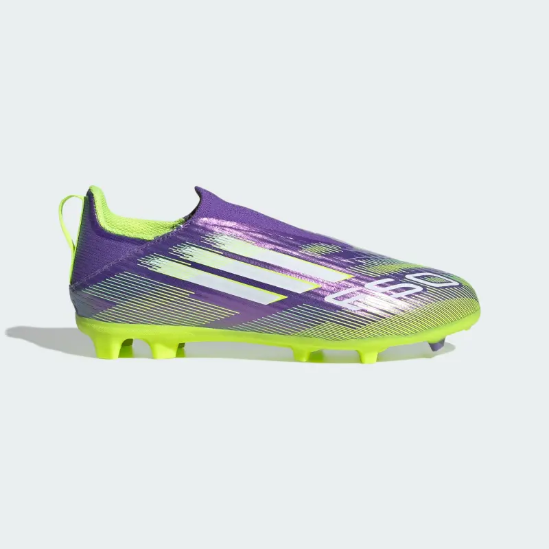 Shopping reference image featuring Adidas F50 League Laceless FG/MG Purple Rush Cloud White Lucid Lemon (GS) from the gallery perspective