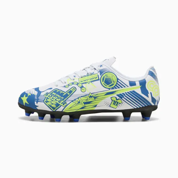 Puma Christian Pulisic x Ultra Legacy FG/AG Big Kid 'Allover Print - Lake Blue Yellow Alert' displayed for product discovery in a main photograph