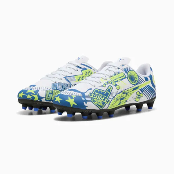 Gallery merchandising image highlighting Puma Christian Pulisic x Ultra Legacy FG/AG Big Kid 'Allover Print - Lake Blue Yellow Alert'