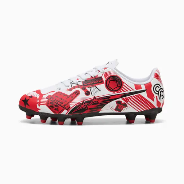 Puma Christian Pulisic x Ultra Legacy FG/AG Big Kid 'Allover Print - White Red Black' pictured in a shopper-focused main composition