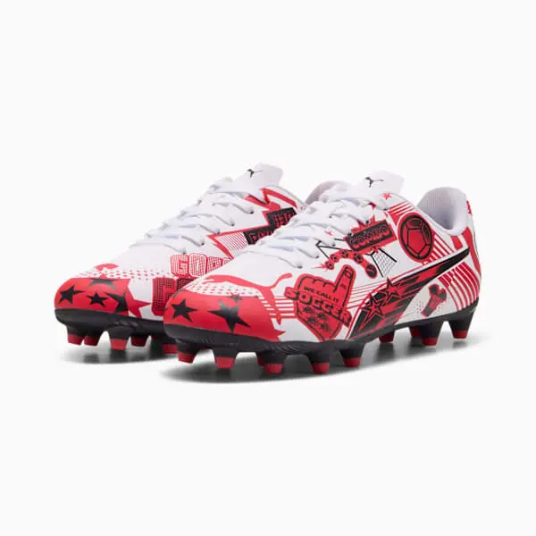 Puma Christian Pulisic x Ultra Legacy FG/AG Big Kid 'Allover Print - White Red Black' pictured in a shopper-focused gallery composition