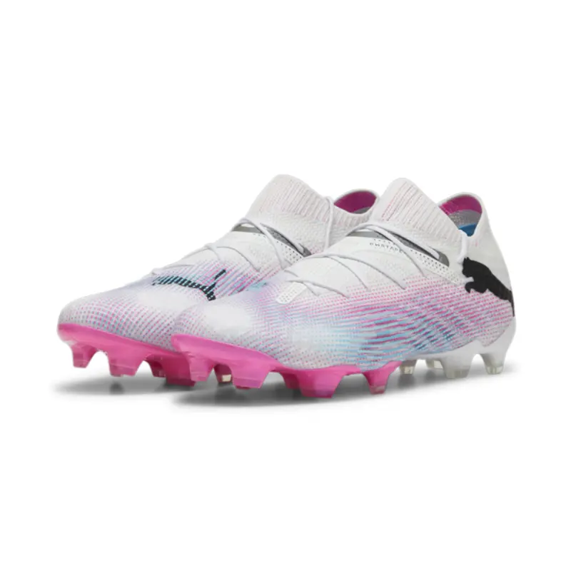 Merchandise image showing PUMA Future 7 Ultimate FG/AG (White/Pink/Blue) through a main perspective