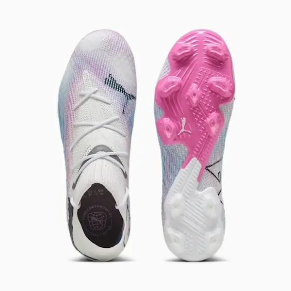 PUMA Future 7 Ultimate FG/AG (White/Pink/Blue) displayed for product discovery in a gallery photograph