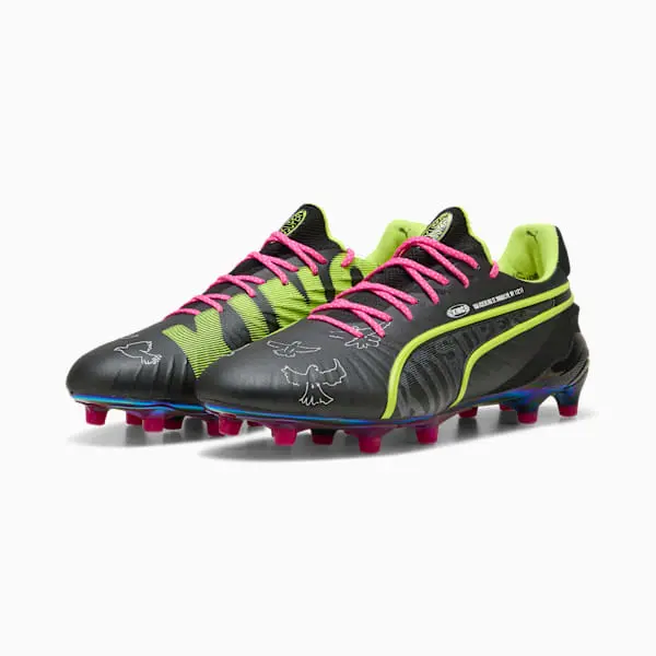 Puma King Ultimate FG/AG KidSuper Black Electric Lime displayed for product discovery in a gallery photograph